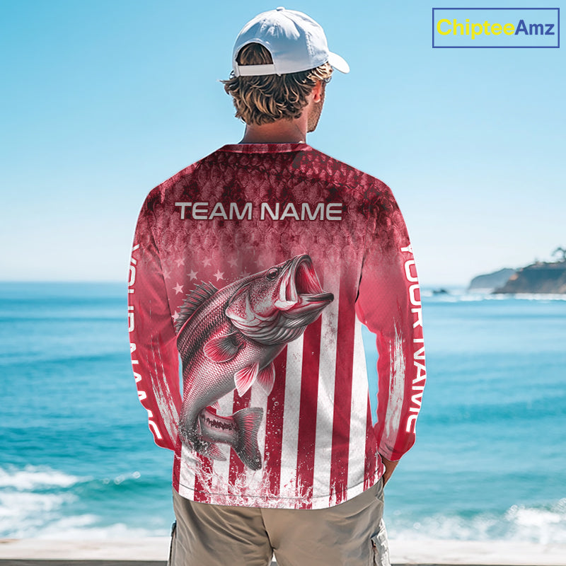 Custom Bass Fishing Shirt 3D Personalized Team Name Long Sleeve UV Protection Fishing Jersey|Red
