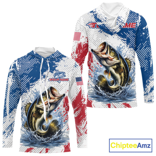 Custom Patriotic American Flag Bass Fishing Shirts Long Sleeve Hooded, Fishing Tournament Jerseys NHT435