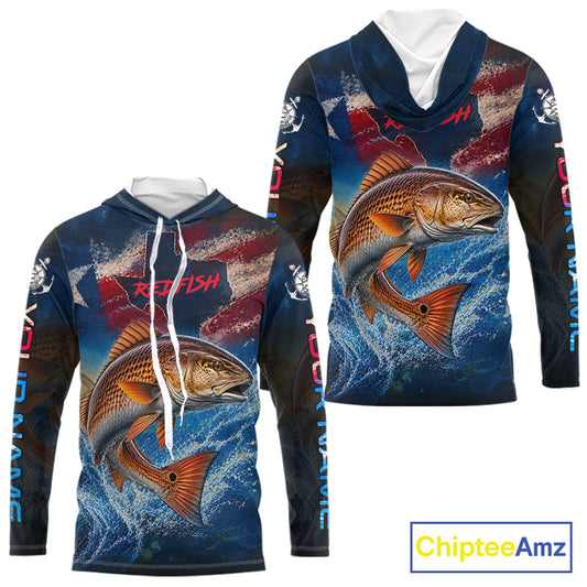 Texas Flag Redfish Long Sleeve Hooded Fishing Jersey, Red Drum Saltwater Performance UV Shirt For Men