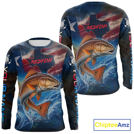 Texas Flag Redfish Long Sleeve Fishing Jersey, Red Drum Saltwater Performance UV Shirt For Men