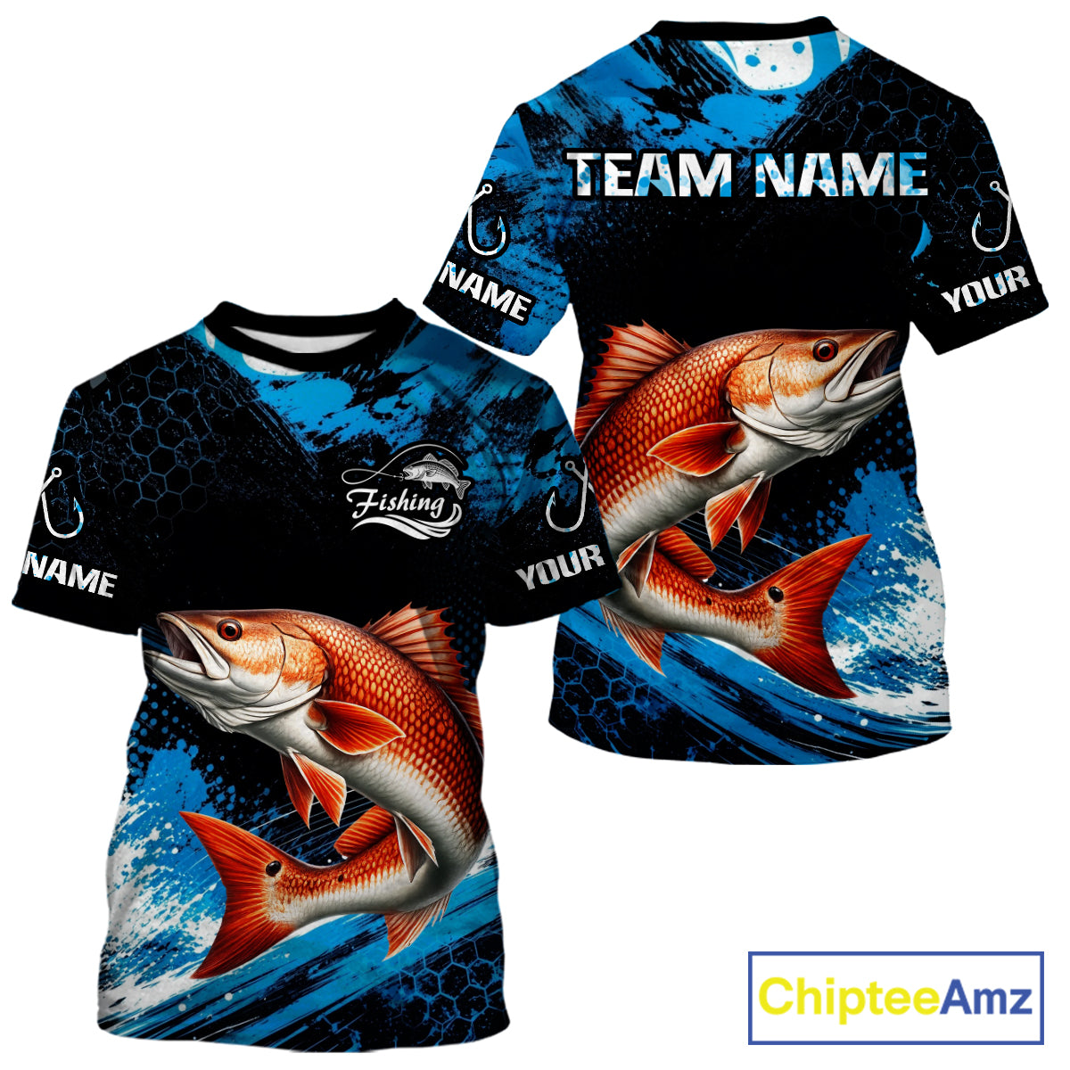 Back view of custom redfish fishing shirt made from breathable polyester with UPF 30+ sun protection.