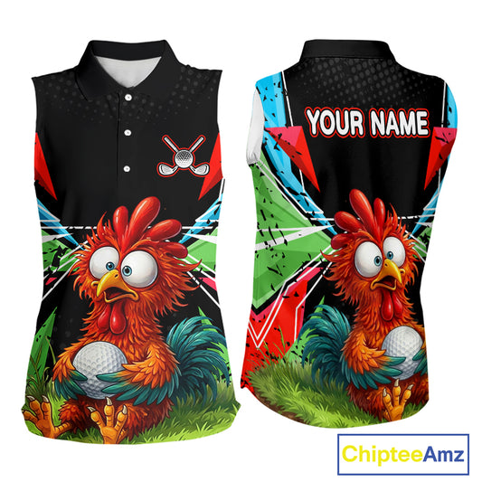 Personalized Crazy Rooster Womens Sleeveless Golf Polo Shirt Green Abstract Geometric Golf Apparel for Womens