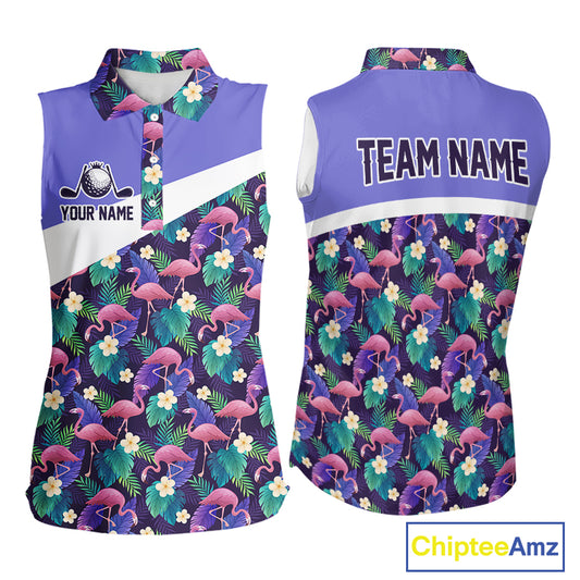 Purple Flamingo Tropical Pattern Womens Sleeveless Golf Polo Shirt Custom Golf Shirts For Golfer NHT584