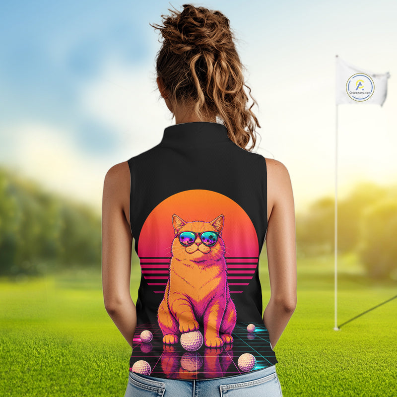 Personalized Funny Cat Womens Sleeveless Golf Polo Shirt – Vintage Neon Golf Design NHT992