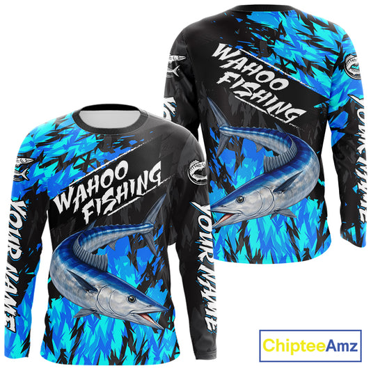 Personalized Wahoo Blue Long Sleeve Performance Fishing Shirts, Fishing Shirt For Men NHT454