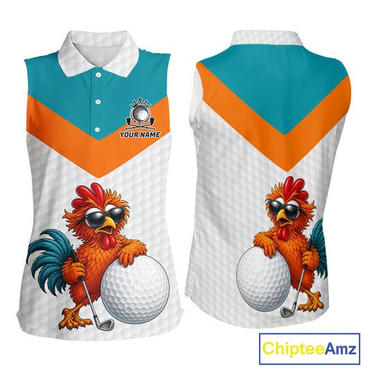 Personalized Cool Rooster Womens Sleeveless Golf Polo Shirt Custom Name Funny Chicken Golf Shirt