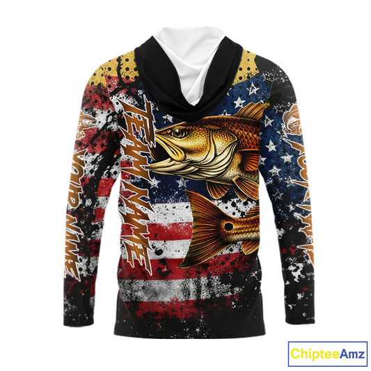 American Flag Custom Redfish Fishing Shirts Long Sleeve Hooded, Patriotic Redfish Fishing Jerseys NHT484