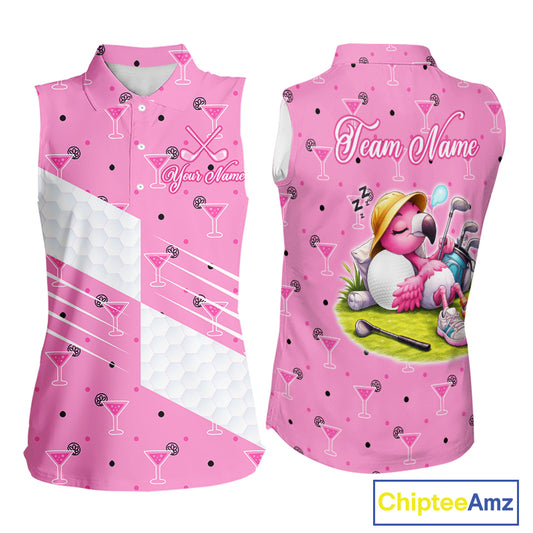 Personalized Womens Sleeveless Golf Polo Shirt With Flamingo Sleep– Funny Cartoon Pattern For Golfer NHT598