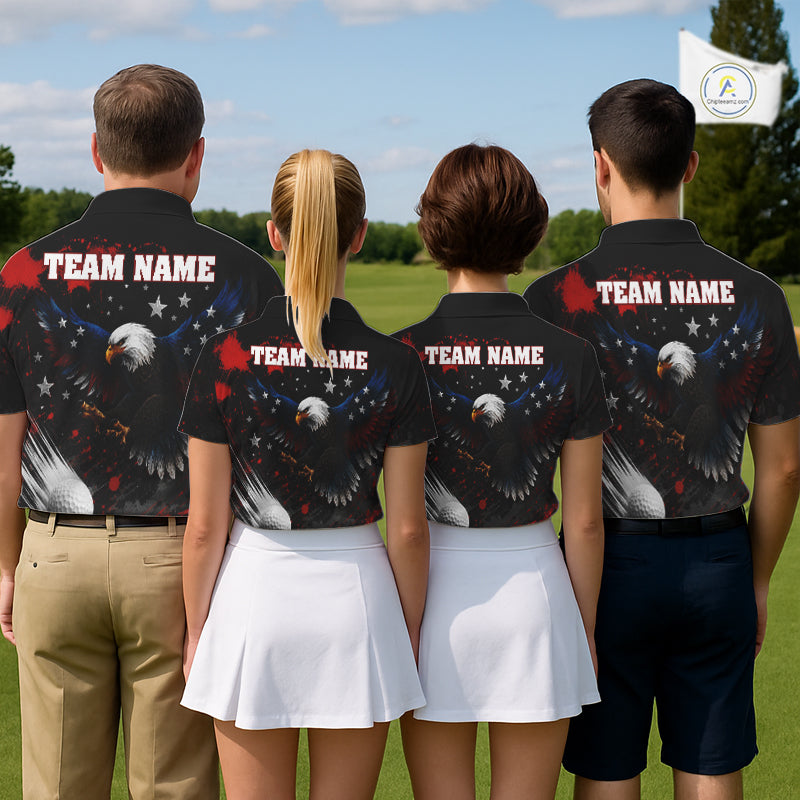 Four people wearing matching polo shirts with American flag eagle designs with custom team name on the back, standing on a golf course.
