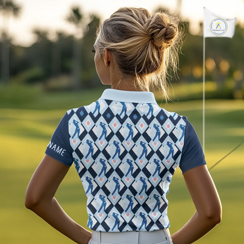 Blue Argyle Golf Polo Shirt For Women, Golf Friends Shirt, Blue Retro Golf Outfits NHT565