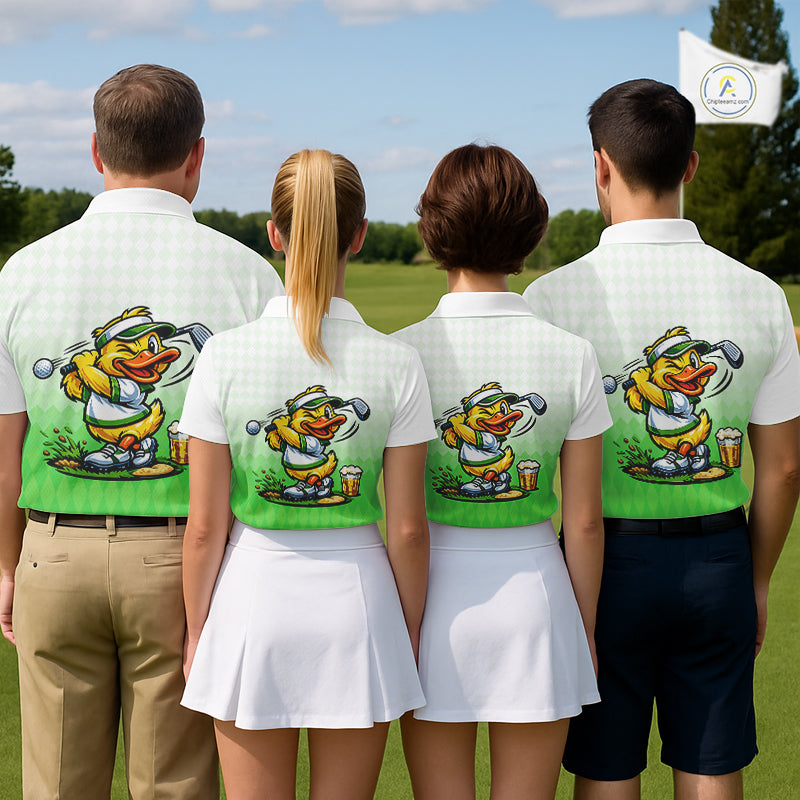 Funny Duck Golf Polo Shirt For Men, Cute Duck With Beer Print Shirt, Sporty Animal Golf Gift|Green NBT623