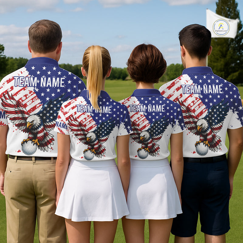 Four people wearing matching golf outfits with American flag and eagle designs on a golf course.