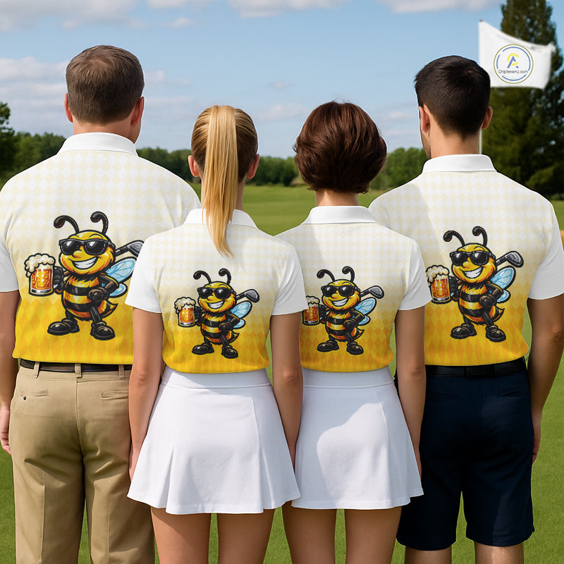 Funny Bee Golf Polo Shirt For Men, Cute Bee With Beer Print Shirt, Sporty Animal Golf Gift|Yellow NBT663