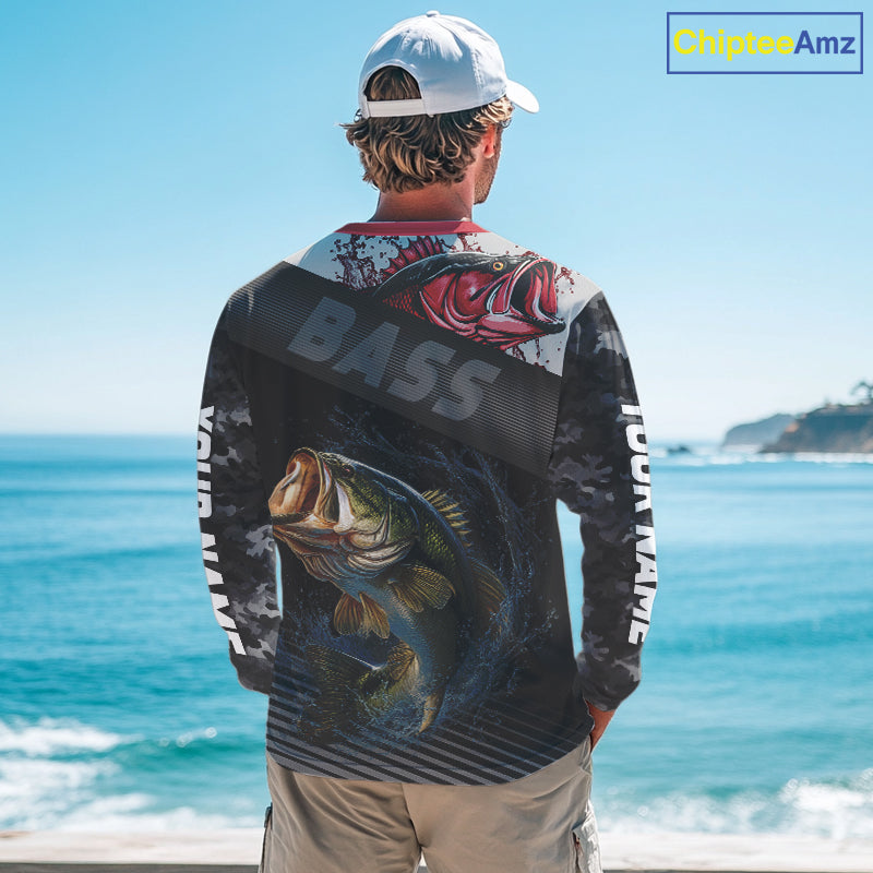 Personalized Largemouth Bass Fishing Long Sleeve Black Camo Shirts, Bass Fishing League Jerseys NBT345