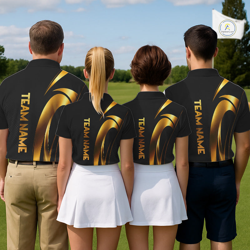 Four people wearing matching black shirts with gold designs and 'Team Name' on the back