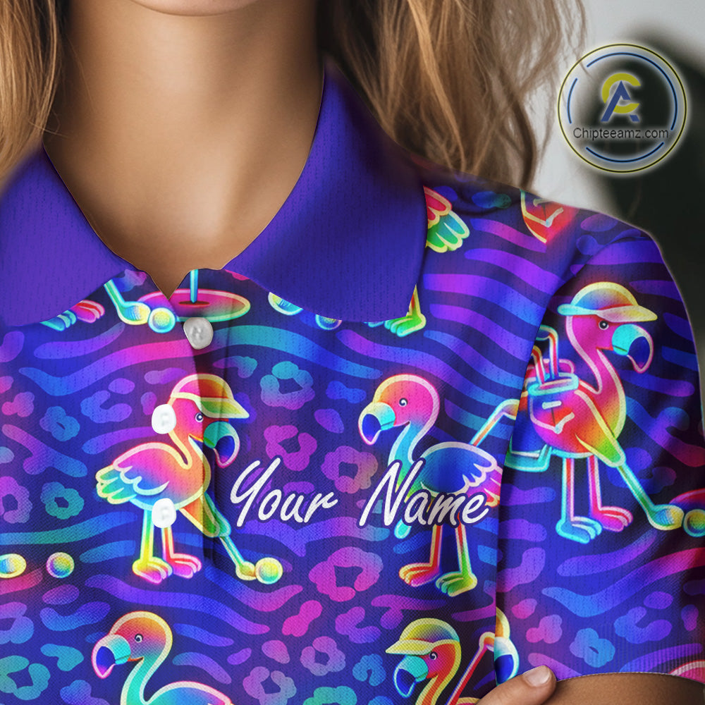 Colorful Neon Rainbow Leopard Flamingo Pattern Womens Polo Shirts, Custom Flamingo Golf Shirts NBT507