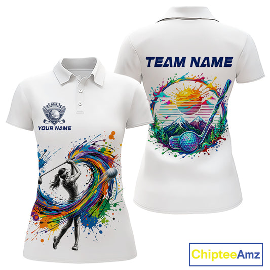 Womens Golf Polo Shirt Watercolor Golfer Golf Pattern Custom Name White Golf Shirt, Golf Gifts NBT685