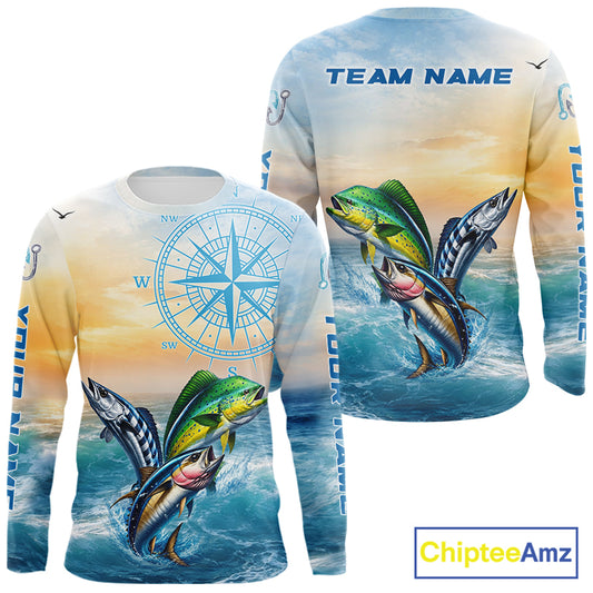 Front and back view of personalized mahi mahi wahoo tuna blue hooded performance fishing shirt with personalized name