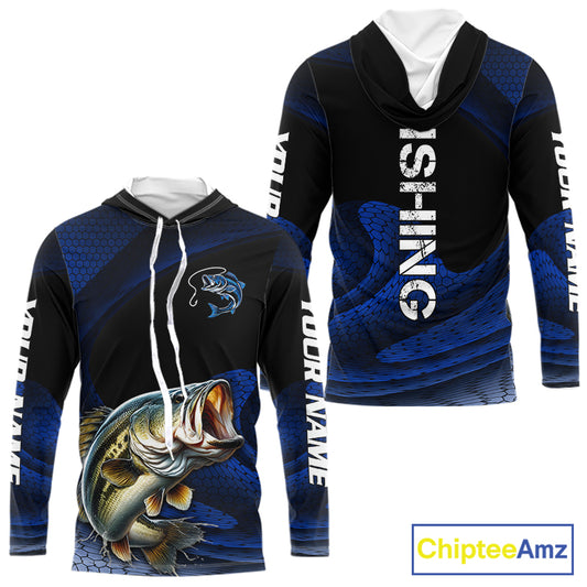 Front and back view of personalized camo bass long sleeve hooded fishing shirt with personalized name on sleeves