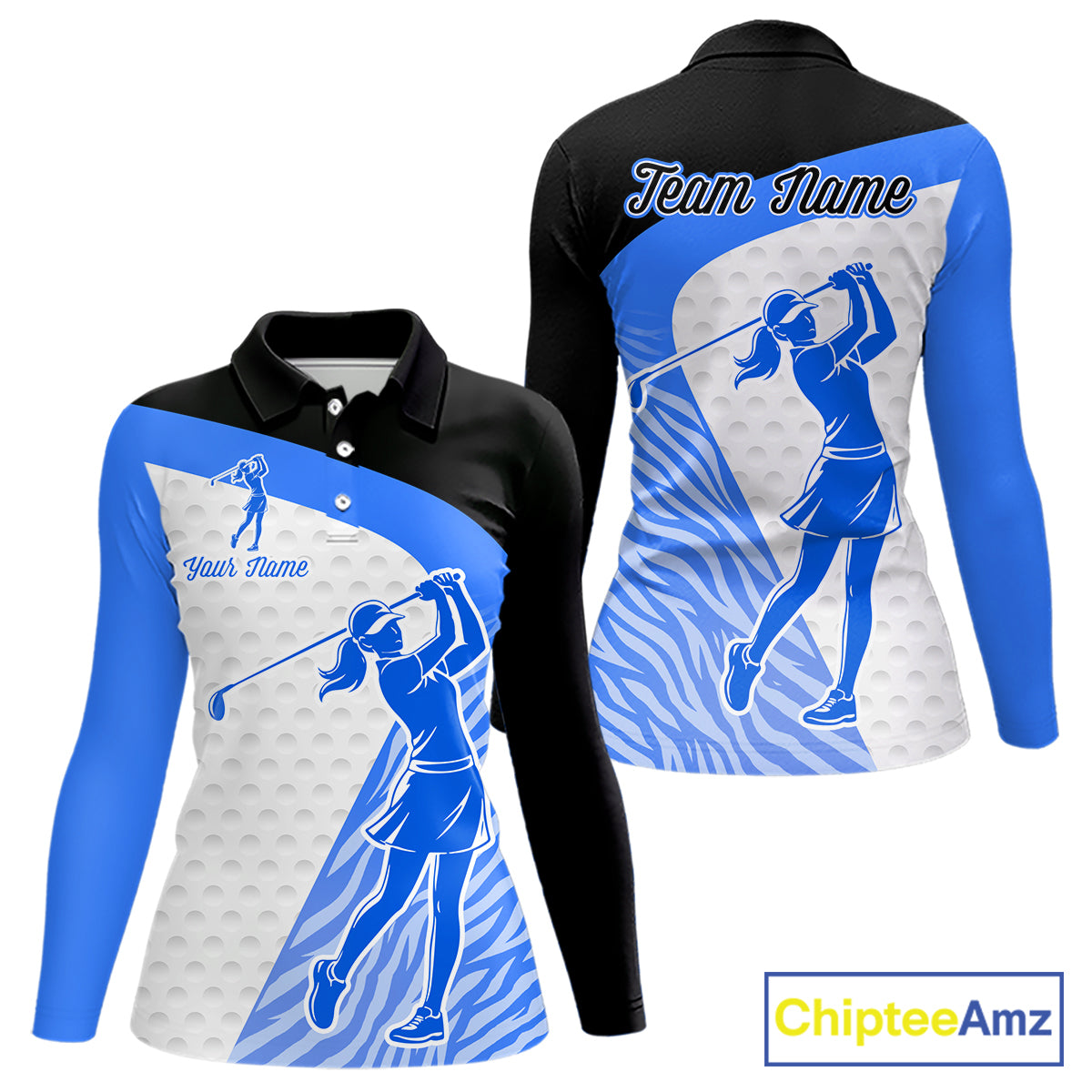Blue Zebra Pattern Womens Golf Polo Shirts Custom Name Gift For Golf Lovers NBT582