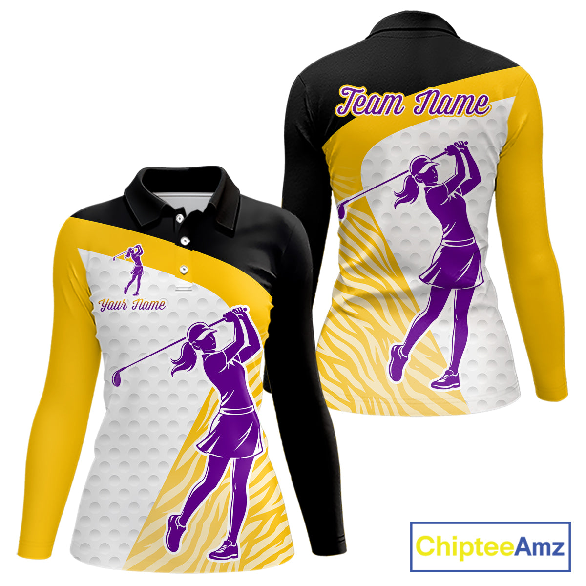 Yellow & Purple Zebra Pattern Womens Golf Polo Shirts Custom Name Gift For Golf Lovers NBT583