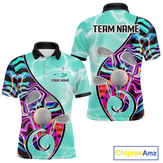 Mens Golf Polo Shirt Holographic Marble Golf Pattern For Team, Golf Attire For Men|Turquoise NBT728
