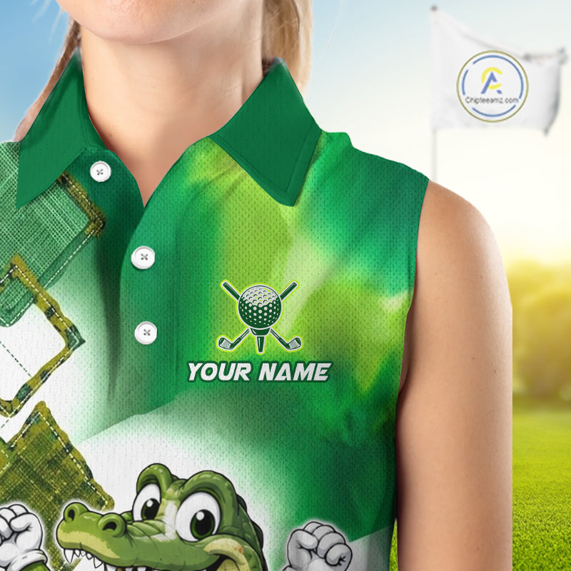 Funny Alligator Womens Sleeveless Golf Polo Shirt Custom Name, Team Golf Shirts, Golf Gifts | Green NBT839