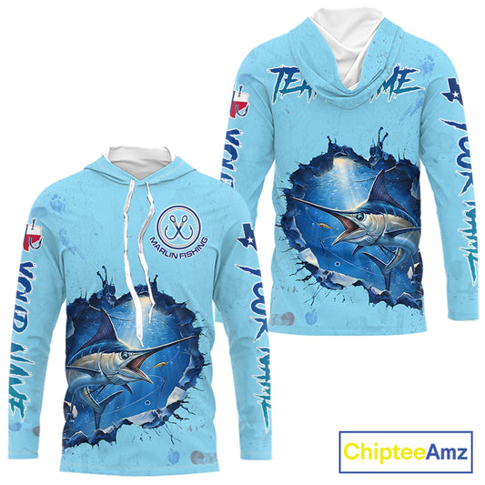 Custom Marlin Fishing Long Sleeve Hooded Tournament Shirts, Marlin Saltwater Fishing Apparel | Blue NBT688