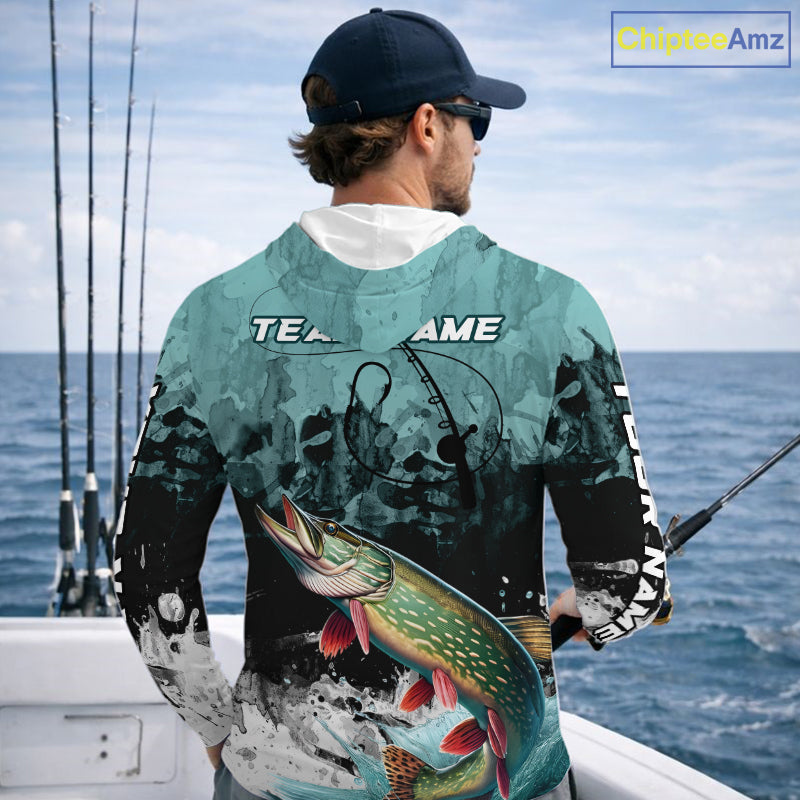 Personalized Northern Pike Fishing Jersey, Team Pike Fishing Long Sleeve Hooded Tournament Shirts NBT693