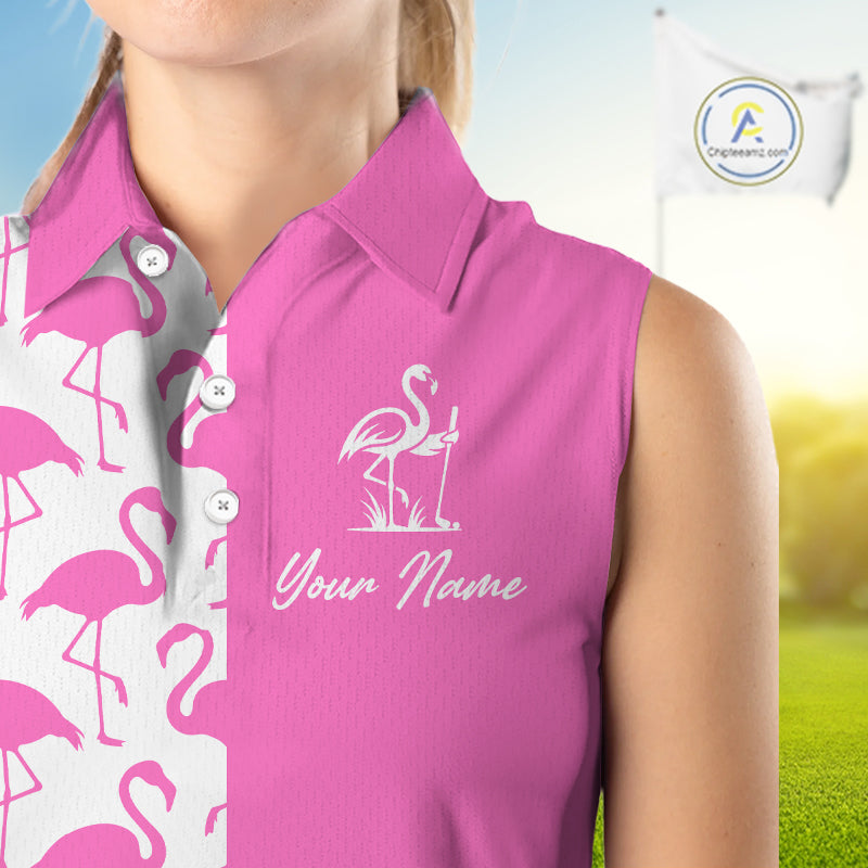 Close-up of pink and white flamingos pattern on women’s sleeveless golf polo shirt