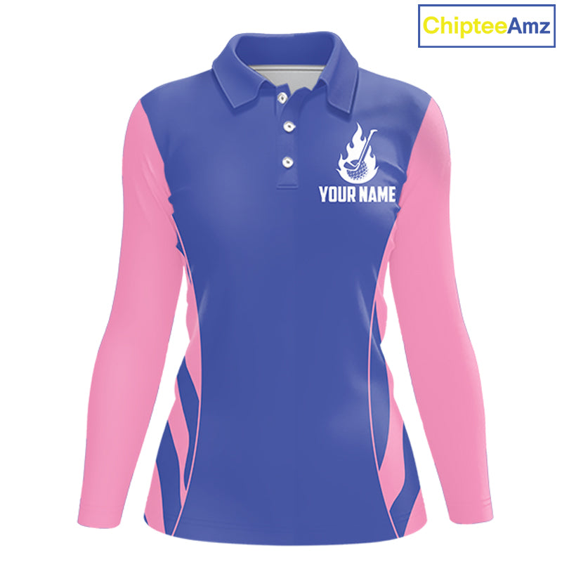 back view of custom name long sleeve womens golf polo shirt for golf lovers