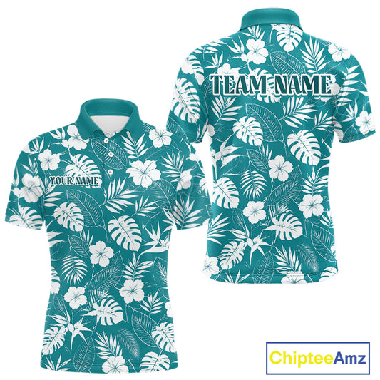 Teal polo shirt with white floral and leaf pattern, customizable text