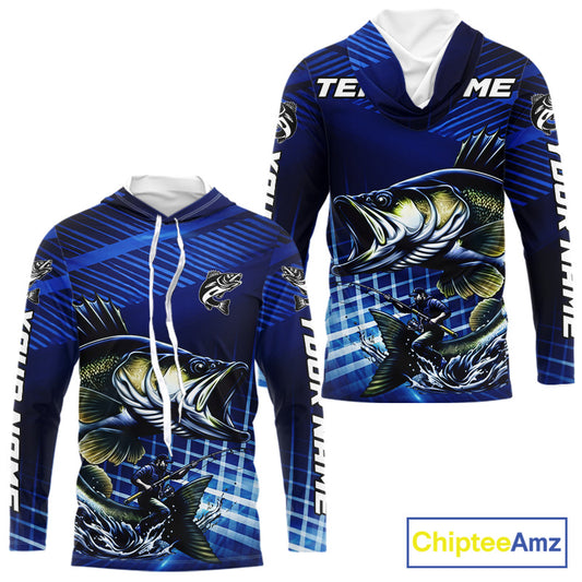 Blue Camo Walleye Custom Long Sleeve Hooded Fishing Shirts, Walleye Fishing Shirts NBT446