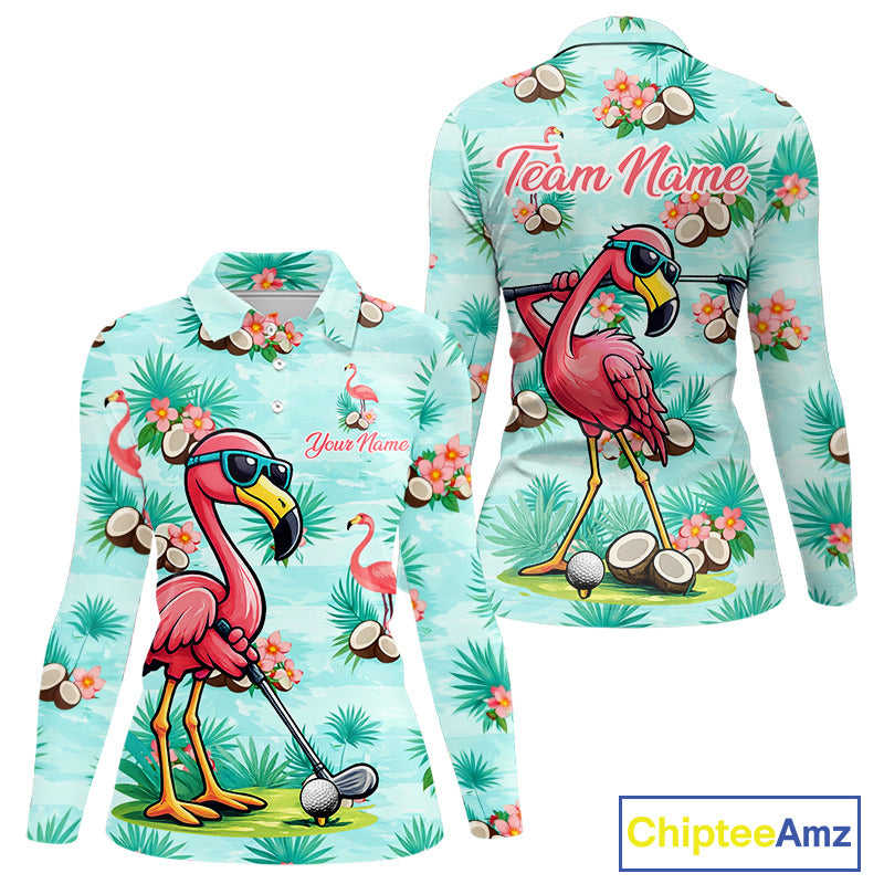 Funny Womens Golf Polo Shirts Custom Name Pink Flamingo Pattern, Tropical Golf Shirt NBT478