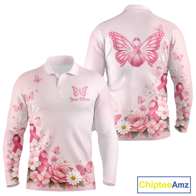 Custom Name Pink Butterfly Floral Pattern Breast Cancer Month Lady Golfer Men's Polo Shirt NBT529