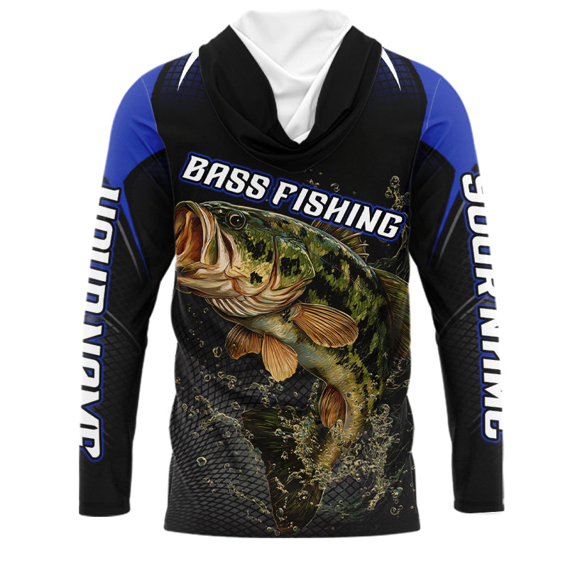 Largemouth Bass Fishing Hood UV Protection Blue Custom Name Shirts, Bass Fishing Team Jerseys NBT357