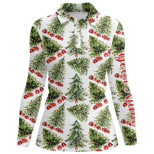 Watercolor Christmas Trees And Gifts Womens Golf Polo Shirt Winter Golf Shirts For Women LDT0759
