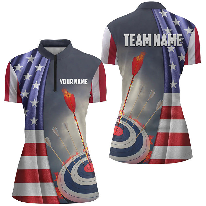 Personalized US Flag Patriotic Archery Quarter-Zip Shirts For Women, Flaming Arrows Archery Shirts VHM0690