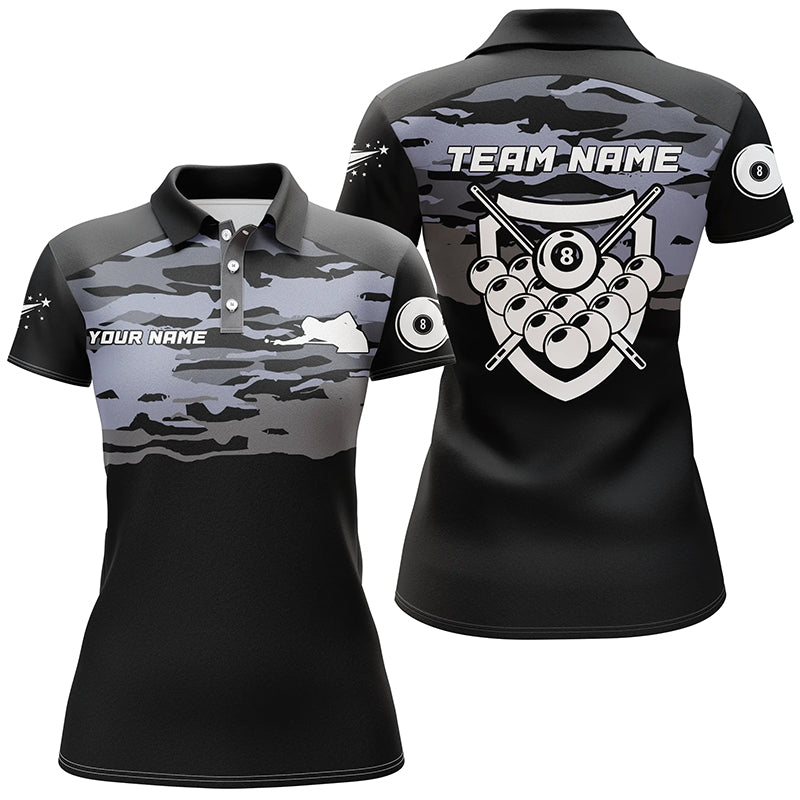 Personalized Silver Lighting 8 Ball Black Billiard Polo Shirts For Women, Custom Billiards Jerseys VHM0525