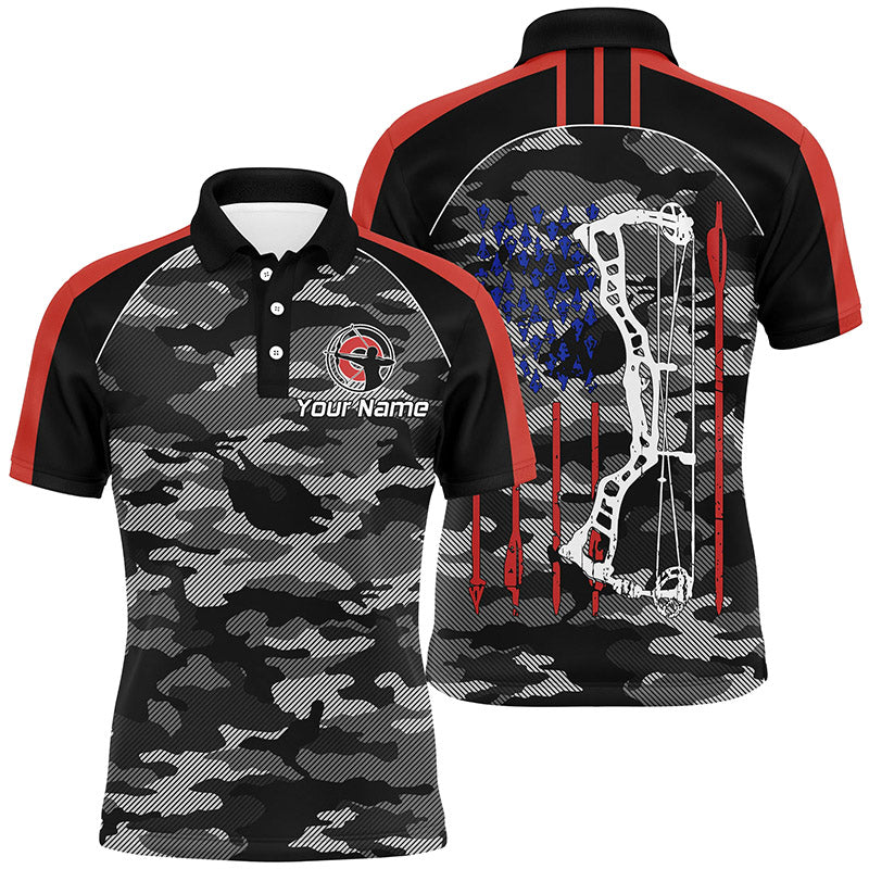 Personalized Camouflage US Flag Archery Polo Shirts For Men, Grunge American Arrow Archery Jerseys VHM0735