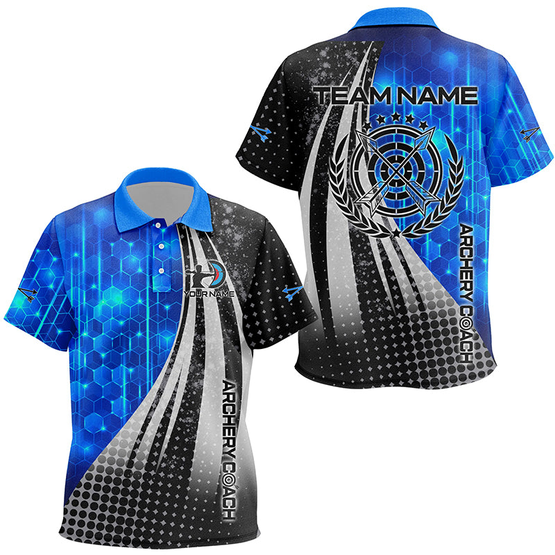 Personalized Blue Black Archery Coach 3D Polo Shirts For Kids, Custom Target Archery Team Shirts VHM0708