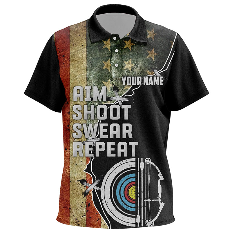 Personalzied Aim Shoot Swear Repeat Archey Polo Shirts For Kids, Vintage US Flag Archery Shirts VHM0720