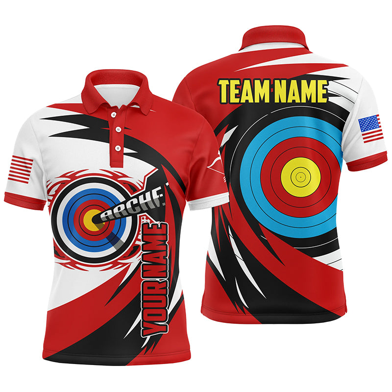 Personalized Name 3D Target Archery Polo Shirts For Men, Custom American Flag Archery Team Shirts VHM0625