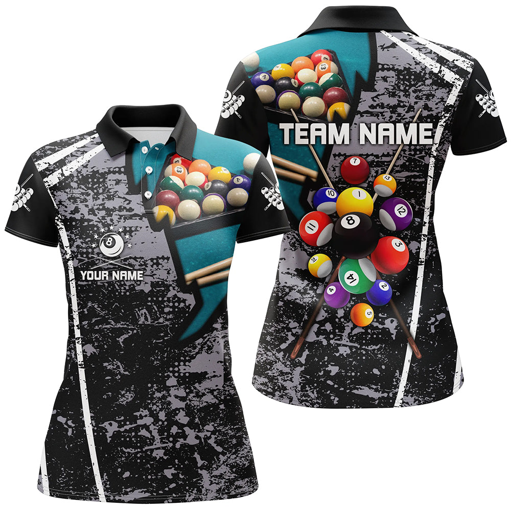 Personalized Grey Grunge Billiard Polo Shirts For Women, Custom 3D Pool Balls Billiard Jerseys VHM0186