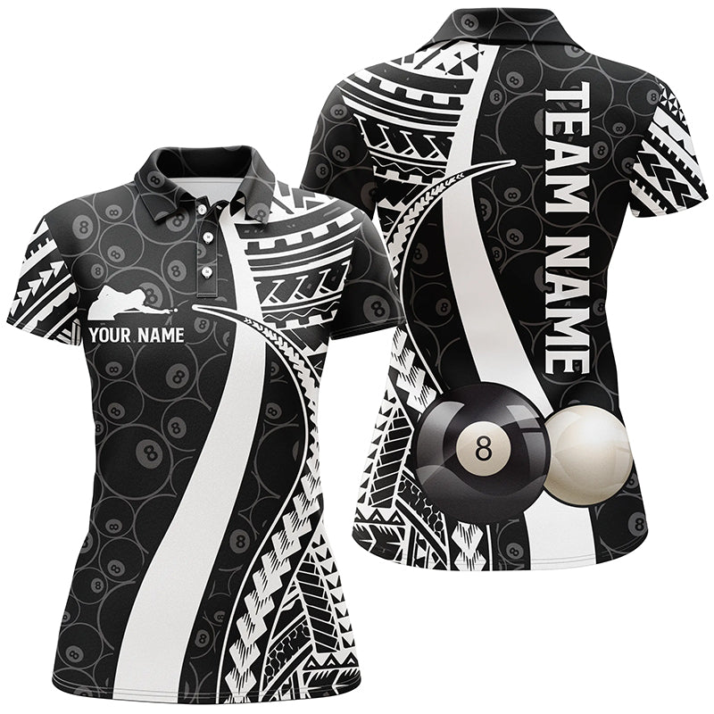 BW Tribal Custom Billiard 3D Polo Shirts For Women, Personalized 8 Ball Pattern Billiards Jerseys VHM0449
