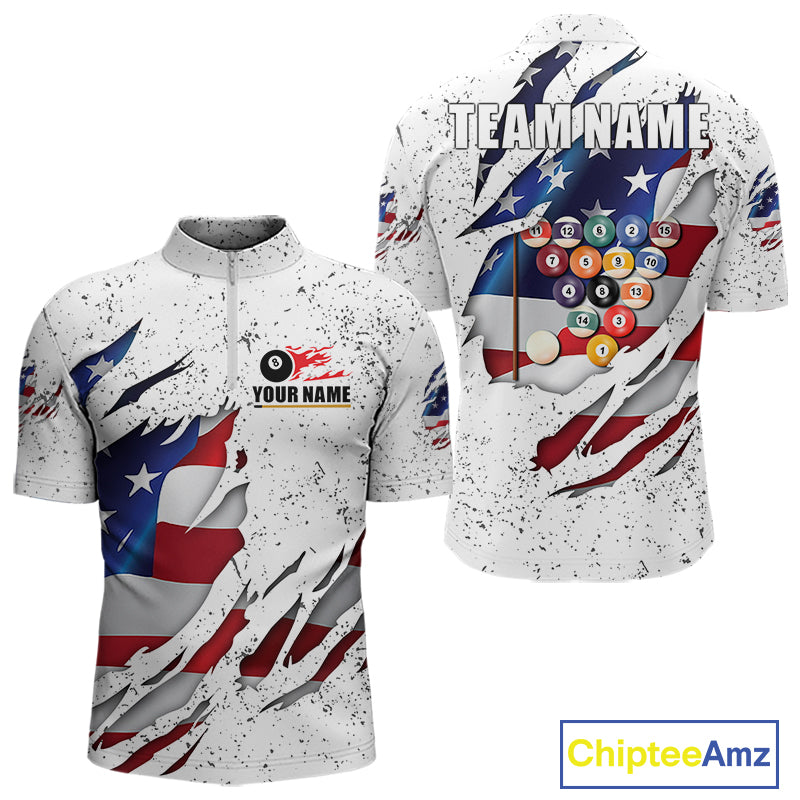 Billiards Balls US Flag White Grunge Custom Name Billiard Polo & Quarter Zip Shirts For Men, 8 Ball Pool Jerseys VHM0095