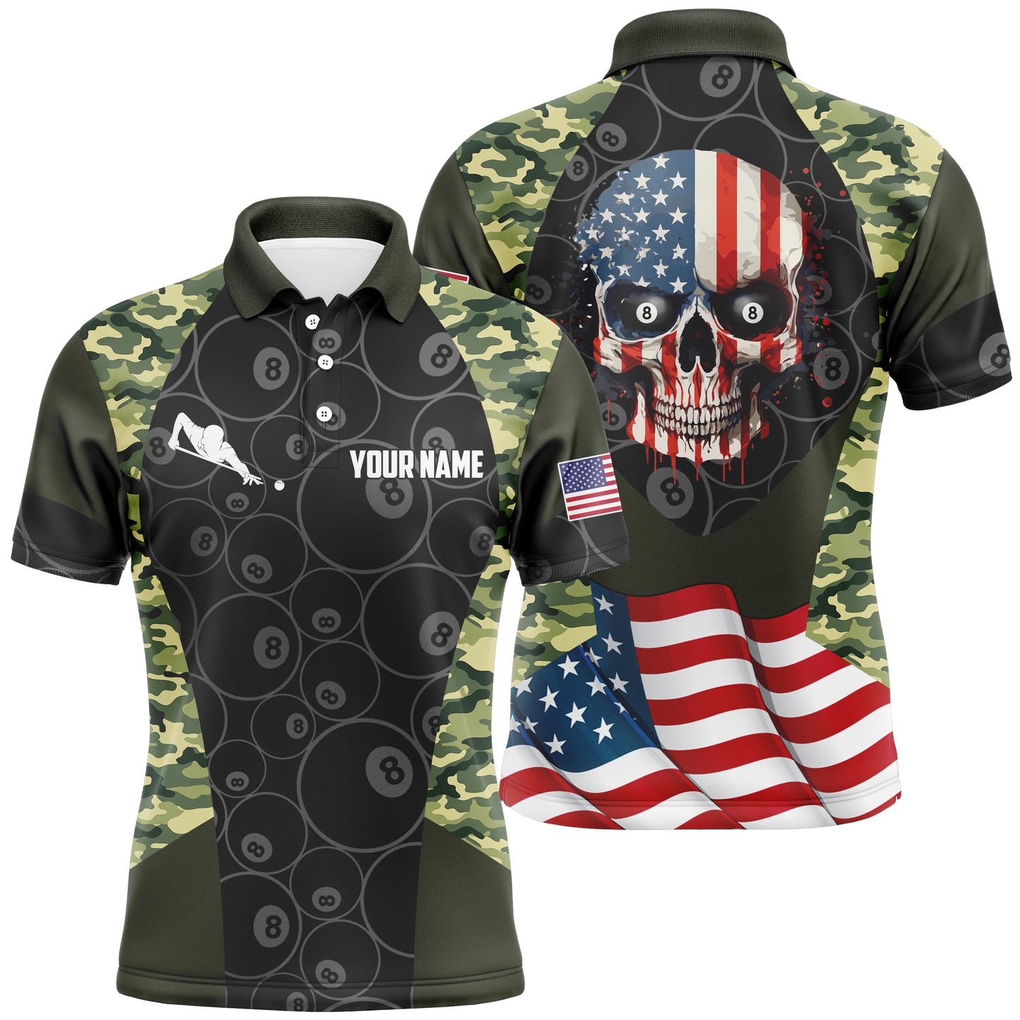 Billiard Camouflage Skull Flag Custom Billiard Polo Shirts For Men, Personalized 8 Ball Pool Shirts VHM0318