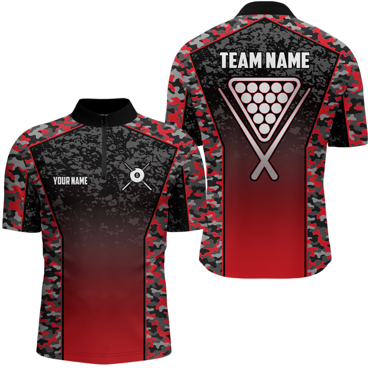 Personalized Red Camo 8 Ball Pool Quarter-Zip Shirts For Men, 8 Ball Billiard Balls Team Shirts VHM0797