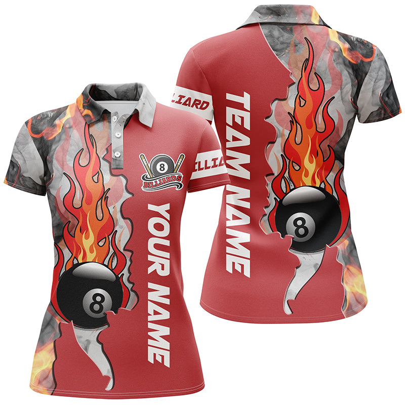 Personalized 8 Ball Fire Smoke Billiard Women's Shirts Red Version Custom Pool Team Polo Shirts TDM0425