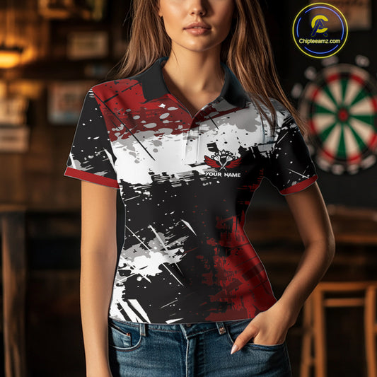 Red Grunge Paint Splash Dart Polo & Quarter Zip Custom Dart Shirts For Women Darts Team Jerseys TDM3858